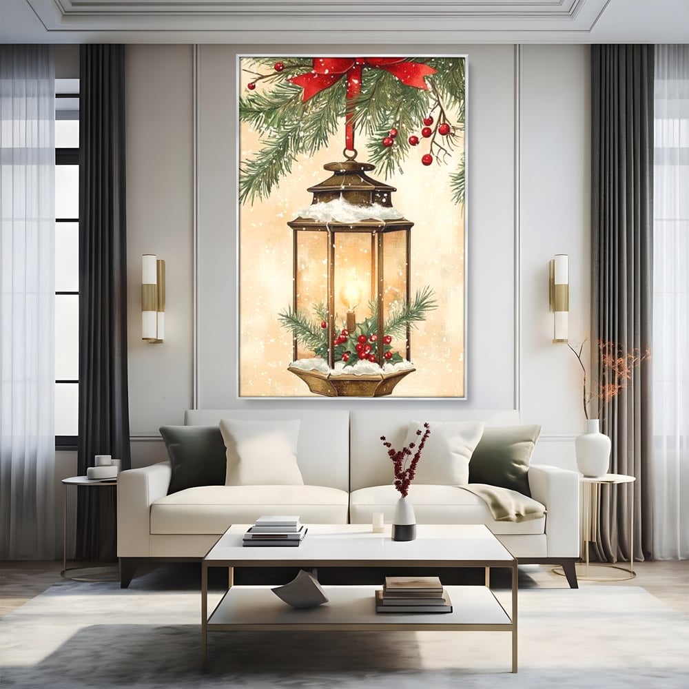 Tablou canvas cu tablou canvas cu felinar de iarna, in rama de aluminiu argintiu, pe perete intr-un living
